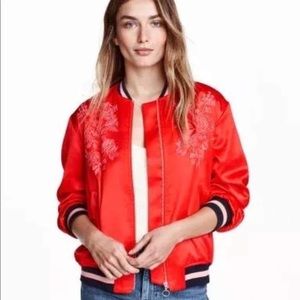 H&M Red Satin Embroidered Silk Jacket Bomber